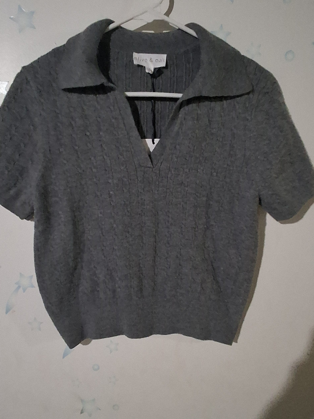 Olive & Oak Charcoal Gray V‑Neck Short Sleeve Cable Knit Sweater